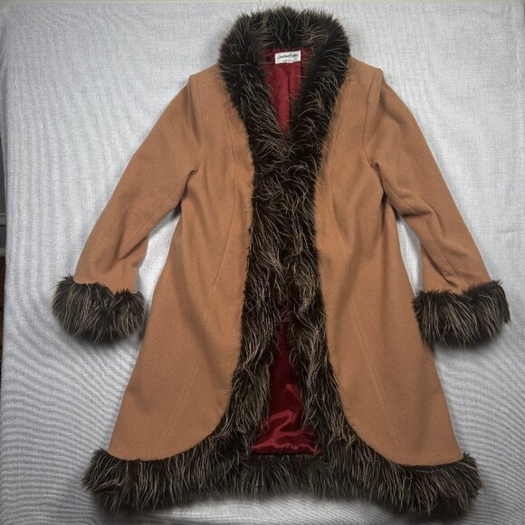Vintage Jonathan Michael Wool Blend Faux Fur Trim Coat Camel Brown USA Made - Picture 1 of 12
